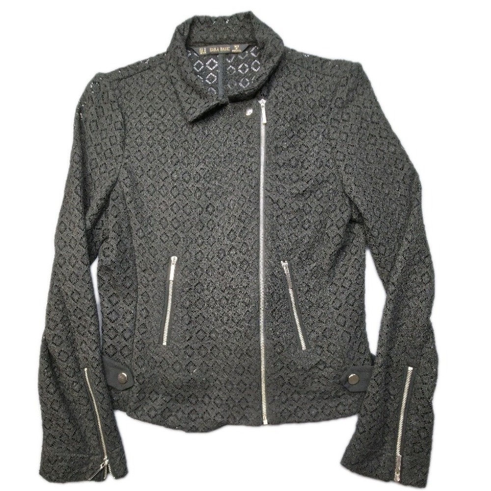Zara  Black‎ Lace Cropped Jacket Medium Moto Rave Party Streetwear Baddie Indie